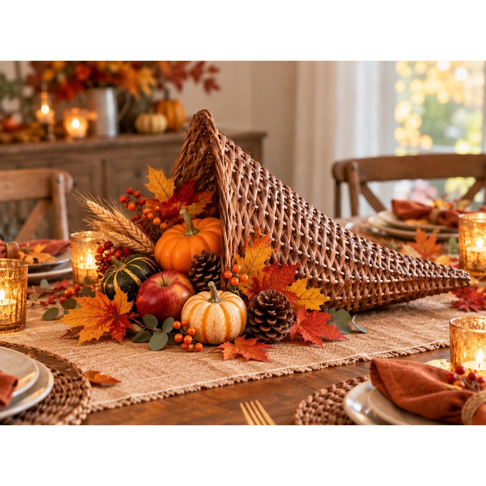 Large Vintage Wicker Cornucopia Horn of Plenty Basket 16" Fall Decor